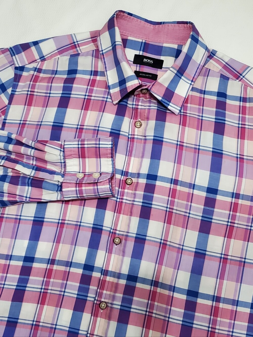 Boss Hugo Boss Mens Long Sleeve Blue Pink Plaid Button Down Shirt Large